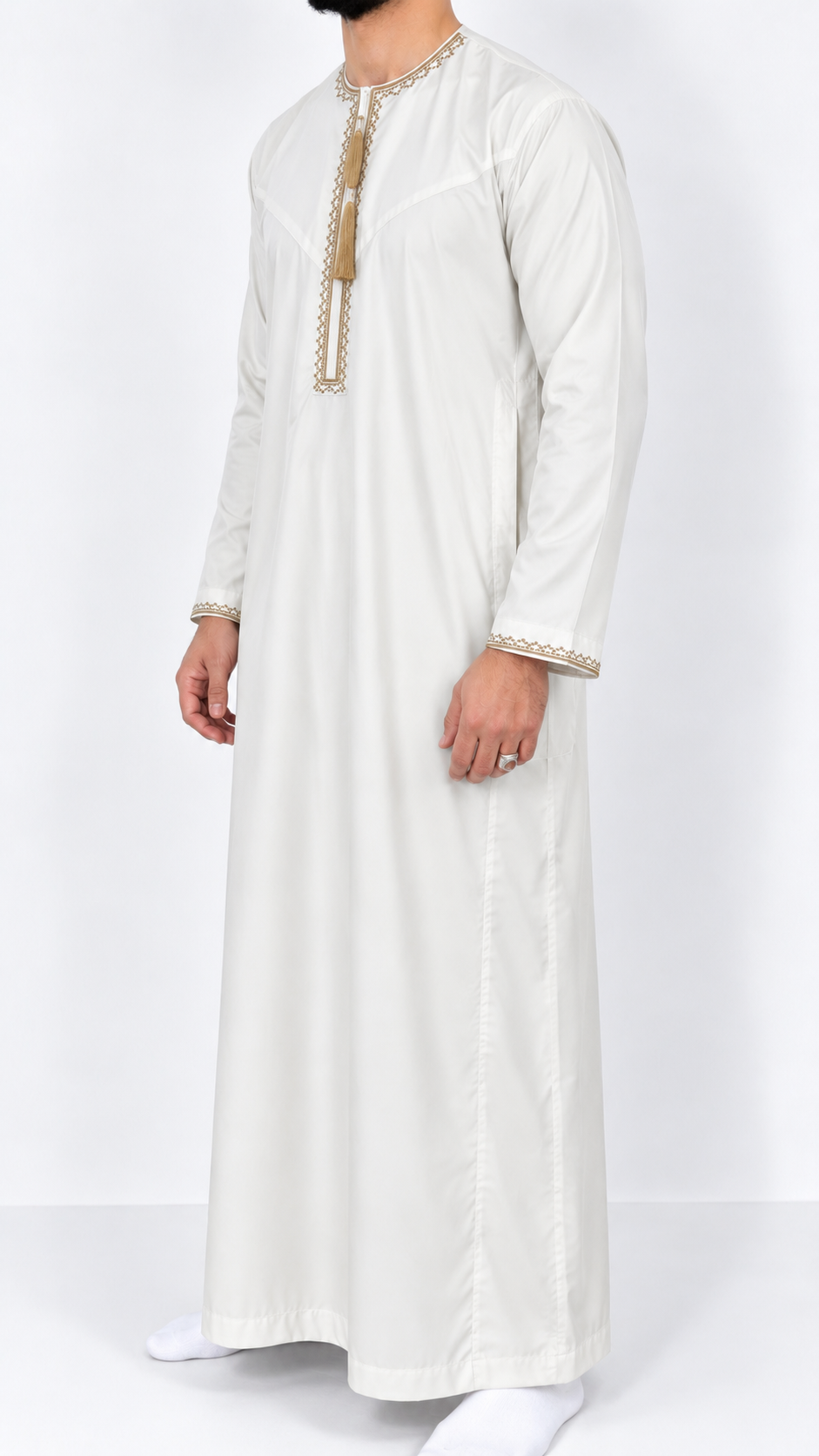 Embroidered Tassel Thobe – White & Gold