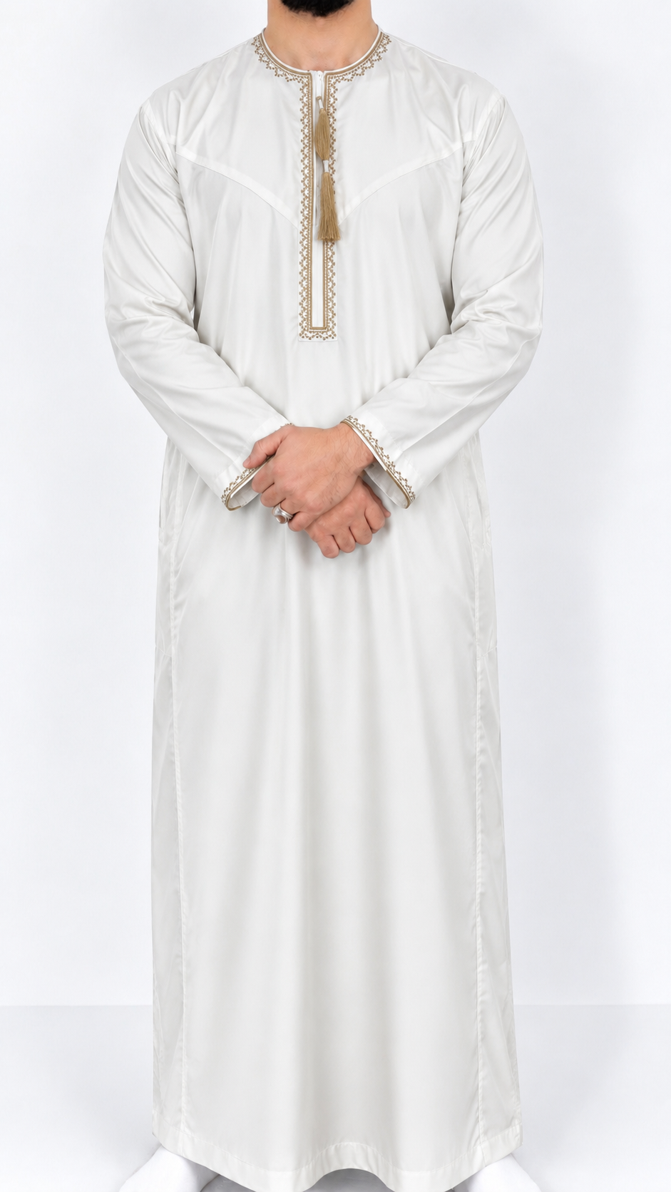 Embroidered Tassel Thobe – White & Gold