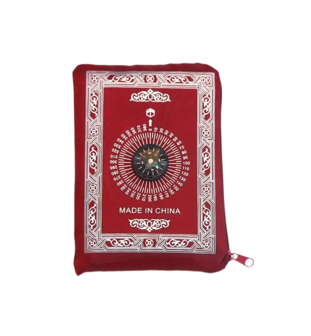 Travel Prayer Mat with Qibla Finder Compass (Red)